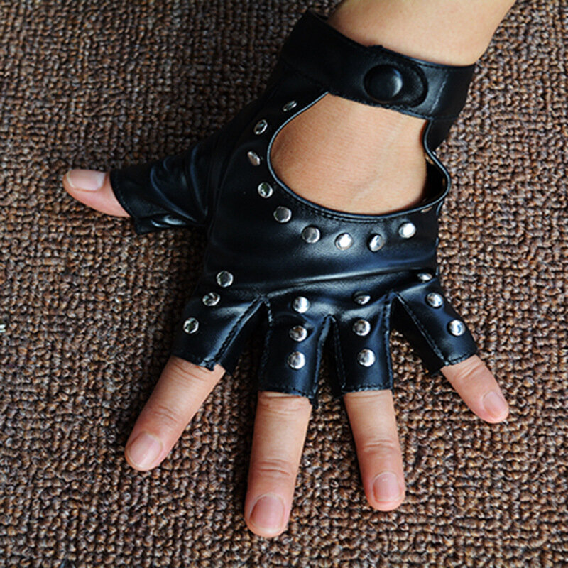 1 para Halloween czarne Pu skórzane rękawiczki bez palców kobiet pół palca jazdy kobiety moda Punk rękawiczki taniec nity rękawiczki