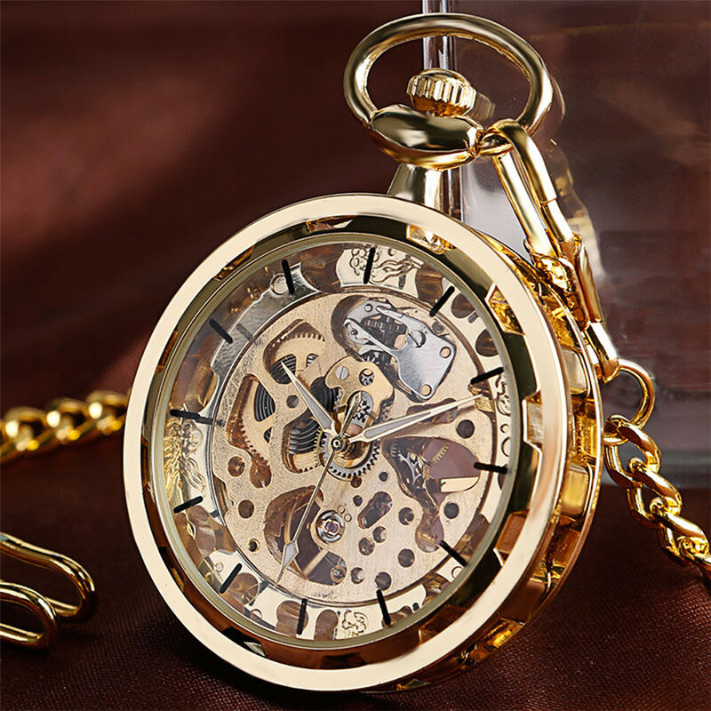 Jam Tangan Saku Mekanis Tulang Berongga Wajah Terbuka Transparan Jam Tangan Vintage Lilit Hadiah Ulang Tahun dengan Rantai Saku Reloj