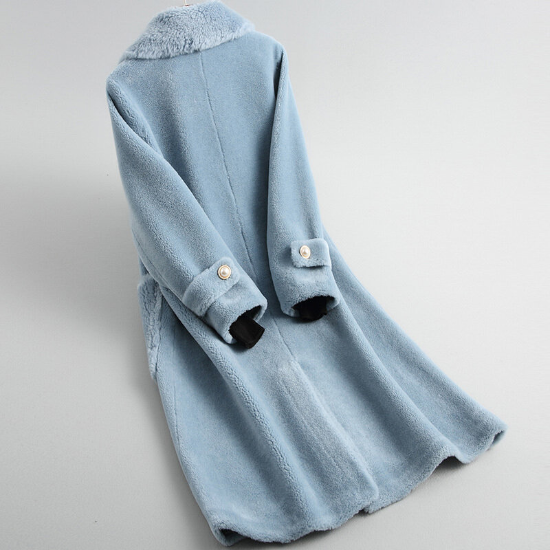 Abrigo de piel auténtica para mujer, chaqueta de lana larga informal ajustada, moda coreana, abrigo rojo y azul, Hiver 39037LW536, 2020