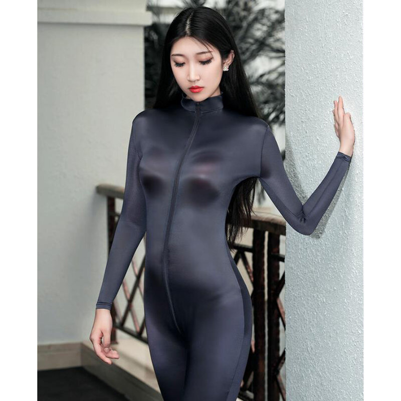 Macacão brilhante óleo feminino, manga longa zíper virilha aberta sexy bodysuit