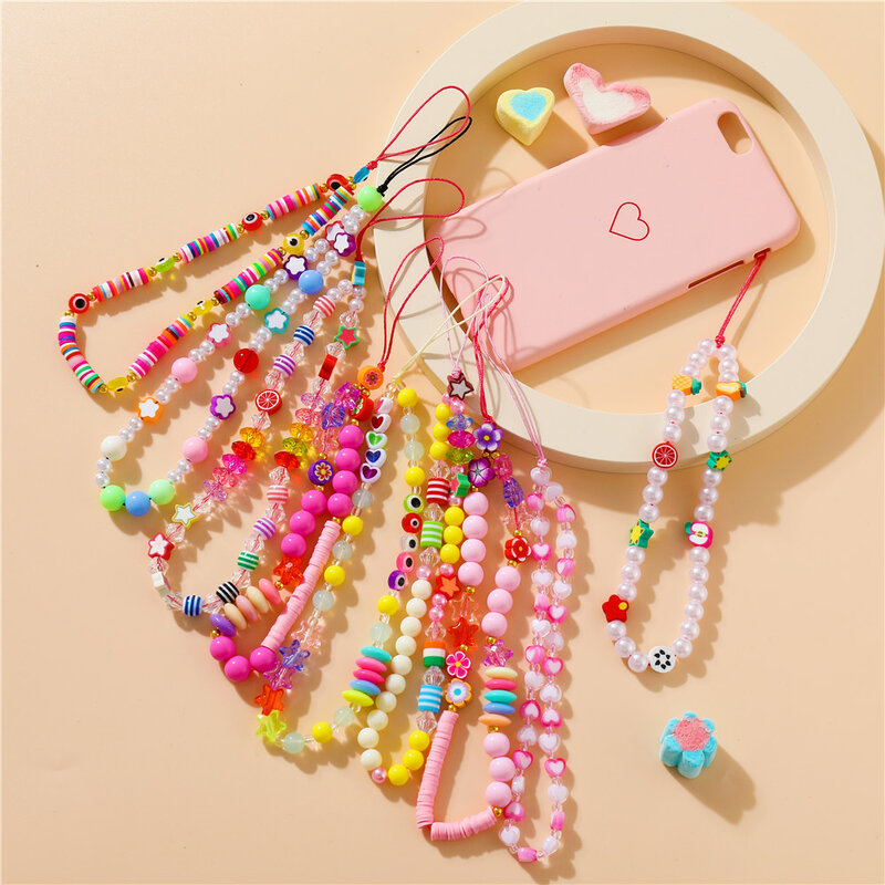 2021 New Ins Trendy Colorful Smiling Beads Chain Mobile Phone Chain Anti-lost Handmade Acrylic Cord Lanyard for Women