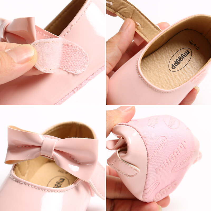 Sapatos recém-nascidos de couro PU com arco, sapatos de berço antiderrapantes, sola macia, vermelho, preto, rosa, branco, bebê menina