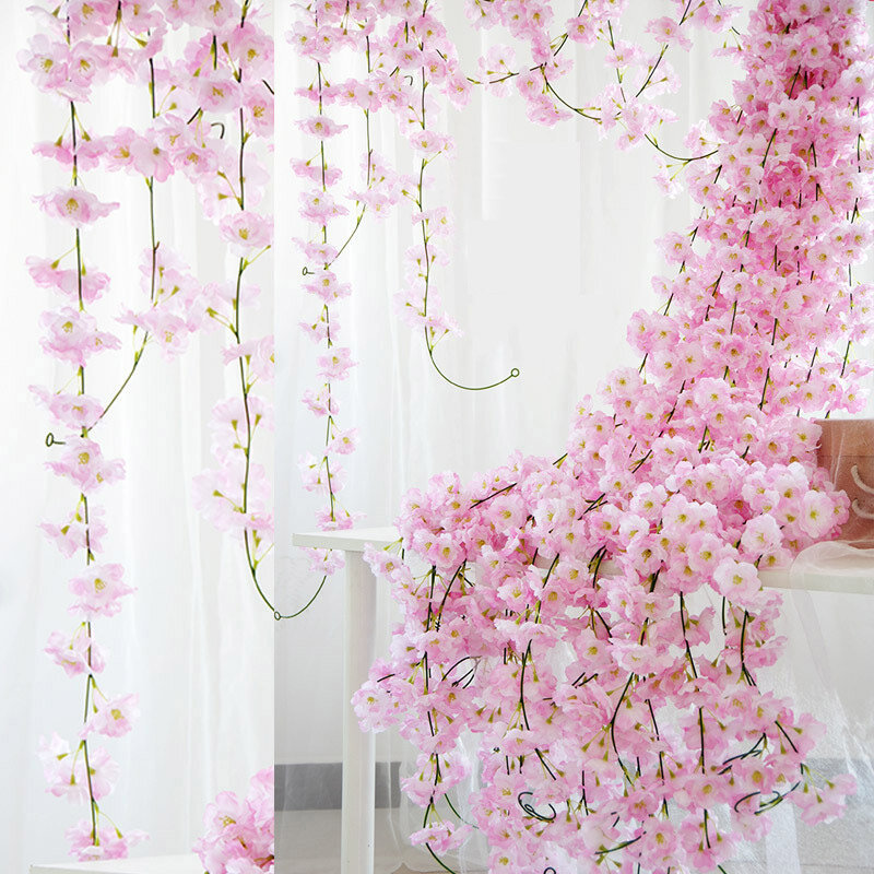 2.3m Flower Garland Artificial Flower String With Leaves Silk Sakura Cherry Blossom Ivy Vine For Home Garden Wedding Arch Decor