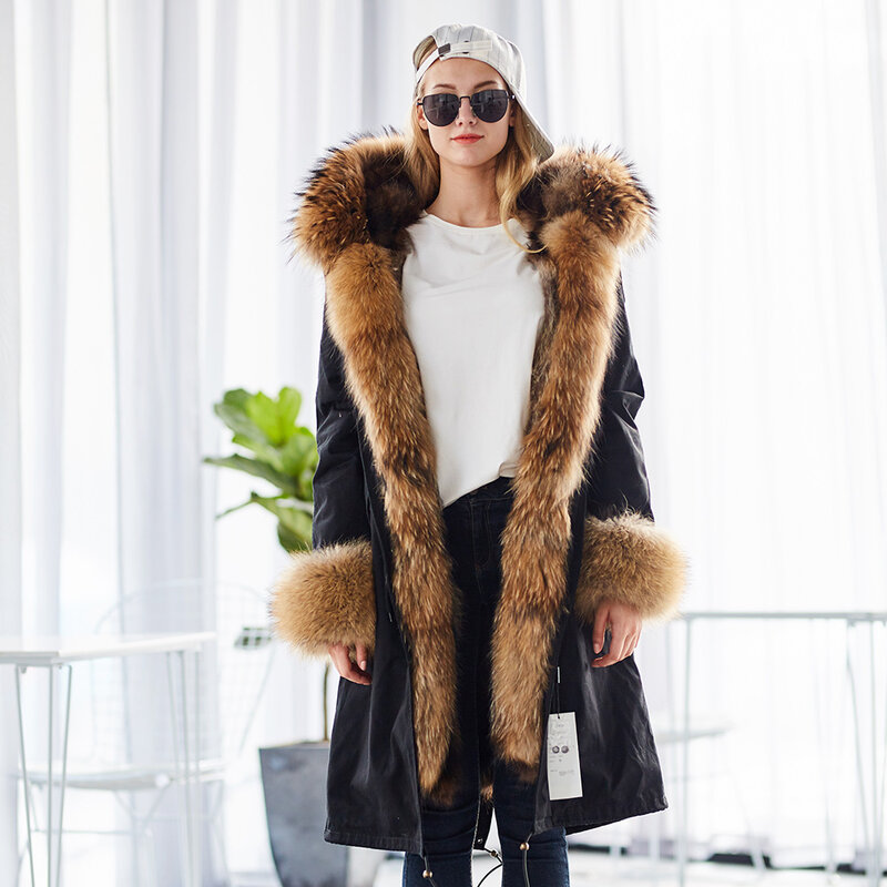 Maomaokong-chaqueta de invierno de moda, abrigo de piel natural, cuello de piel de mapache Real, abrigo largo suelto, 2021
