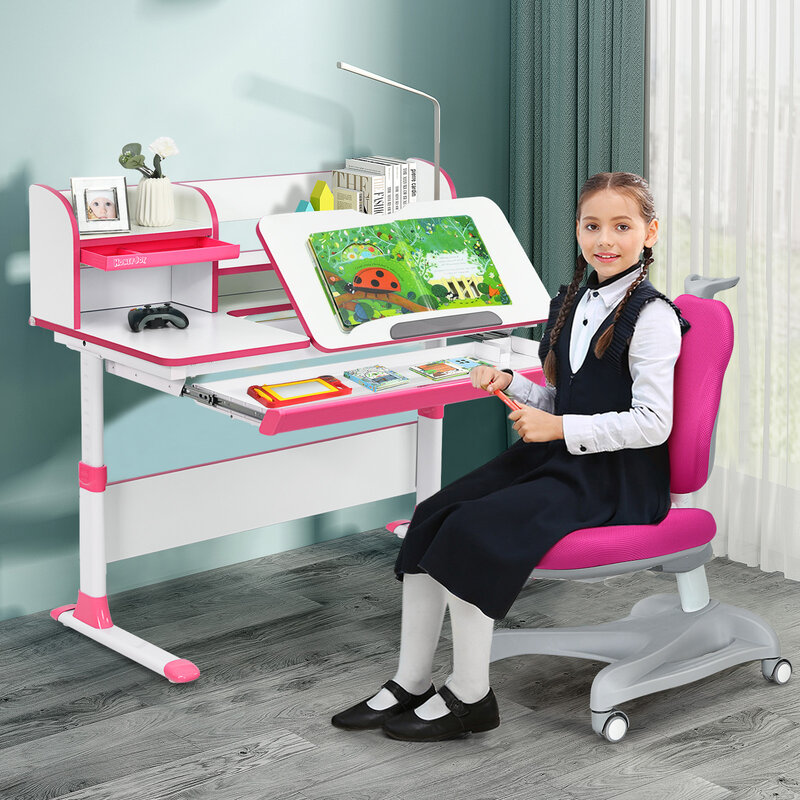 Honeyjoy-Bureau d'étude réglable pour enfants, table de proximité, ensemble de chaises avec étagère rose