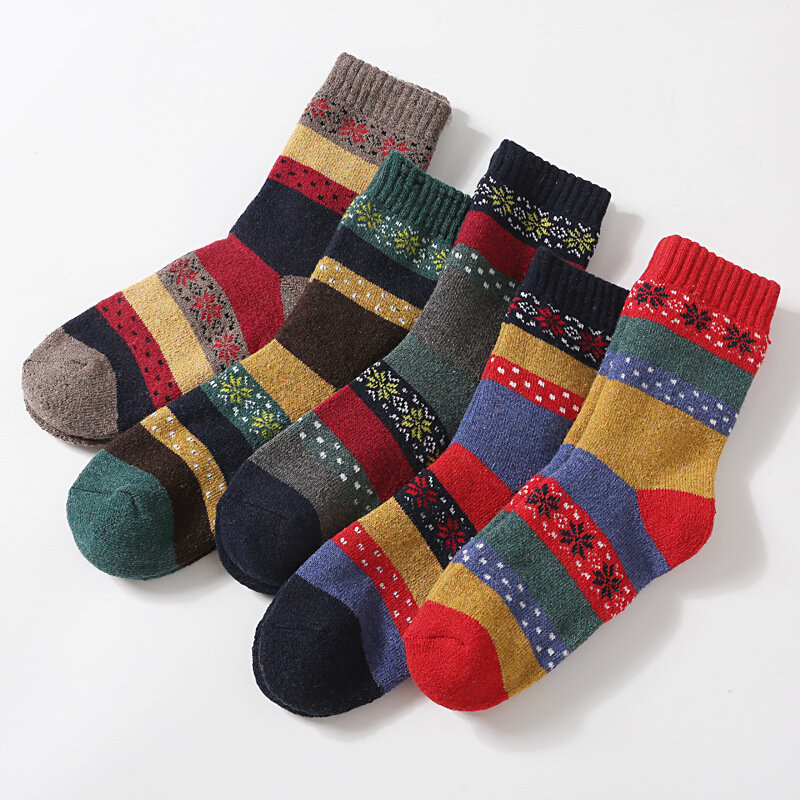 5Pairs Lot Winter Thickened Warm Woolen Socks Women's Striped Retro Colorful Snow OutdoorWool New Year Christmas Gift Grils Sock