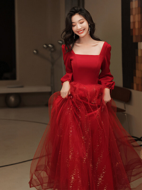 Gaun Pesta Panjang Wanita Gaun Prom Formal Elegan Kerah Persegi Merah Gaun Mitzvah Bar Renda Berjenjang Bordir Panjang Lantai