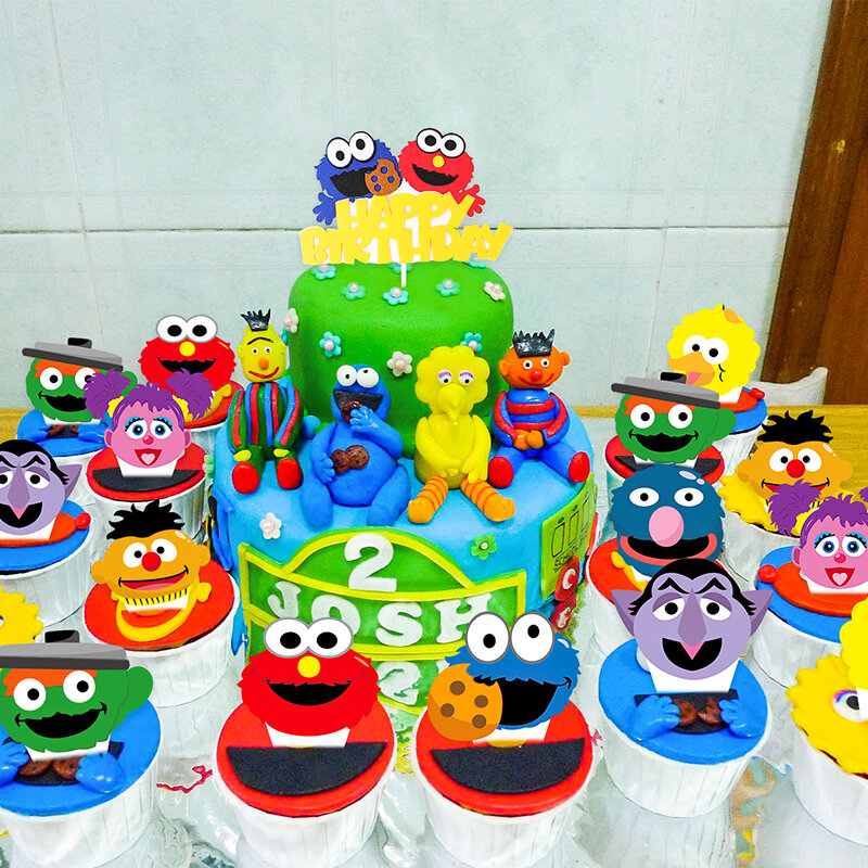 Kits de adornos para tartas y magdalenas inspirados en sésamo de 49 piezas, adornos para tartas de feliz cumpleaños, suministros para fiestas temáticas, decoración para tartas para niños