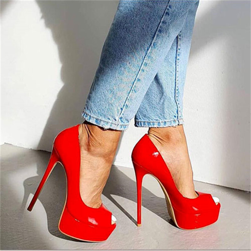 Туфли-лодочки UVRCOS женские с открытым носком, лакированная кожа, платформа, высокий каблук, пикантные, цвет красный/телесный/Белый, Размеры 35-44