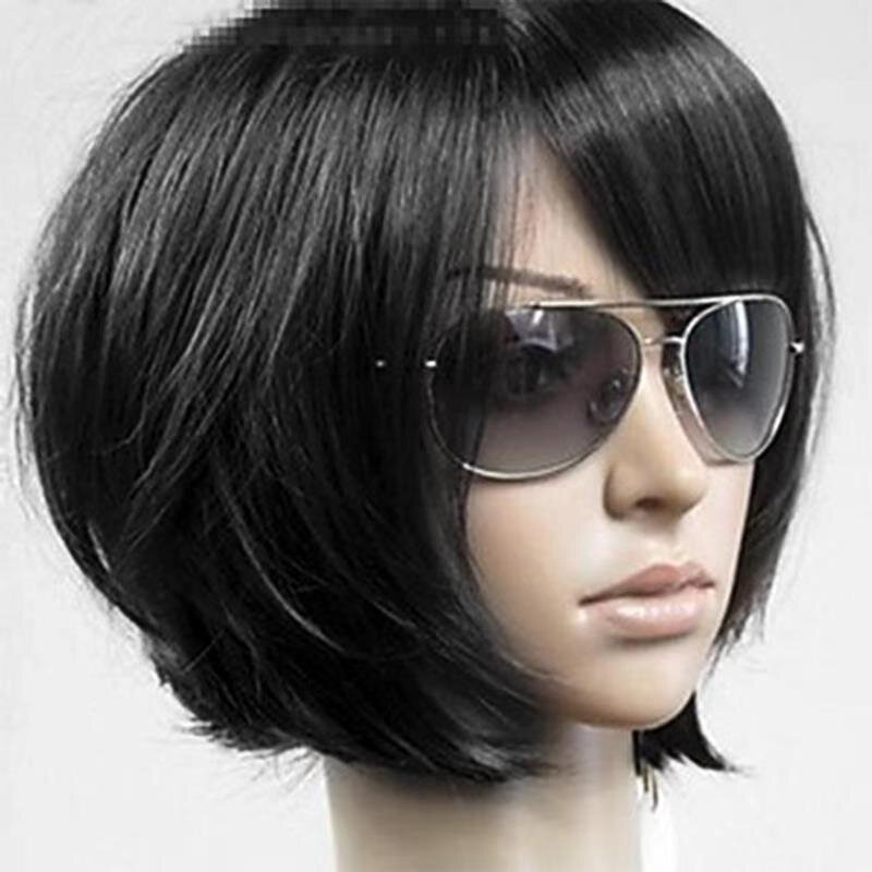 HAIRJOY-pelucas de cabello sintético corto liso para mujer, flequillo lateral, color marrón, Vogue