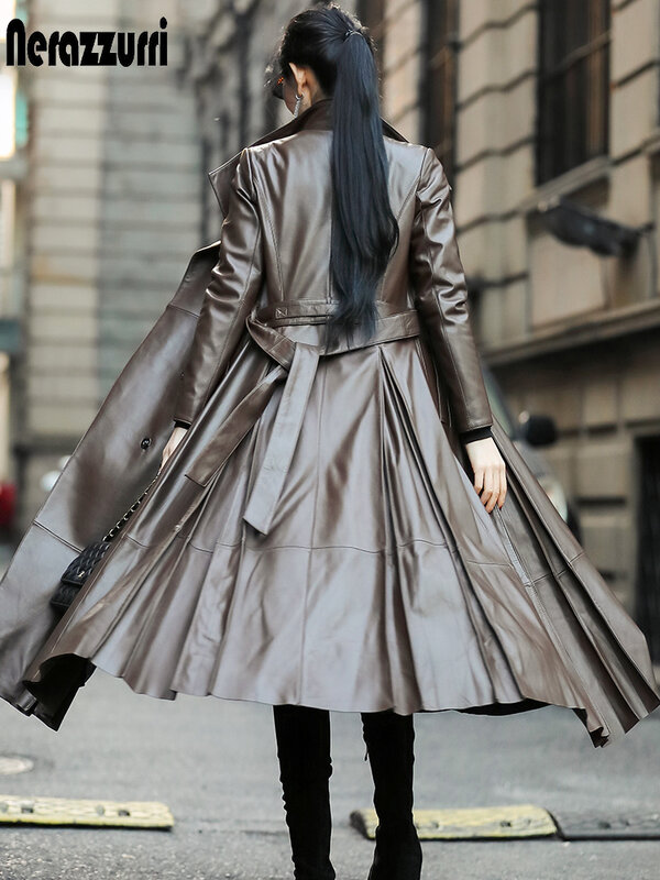 Nerazzurri jesień długie brązowe czarny miękki Faux skórzany płaszcz trencz dla kobiet pas listwy elegancka luksusowa moda 5xl 6xl 7xl 2022