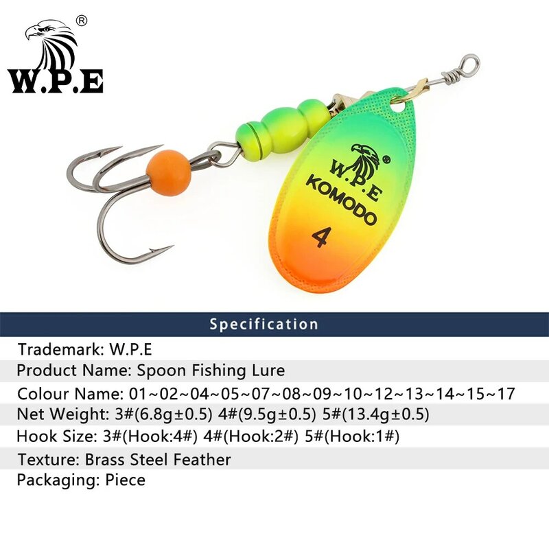 W.P.E 1 Buah Umpan Pemintal 3 #/4 #/5 # Umpan Pancing Sendok 6.8G/9.5G/13.4G Kuningan Logam Kait Treble Umpan Bass Umpan Pancing Ikan Pesca