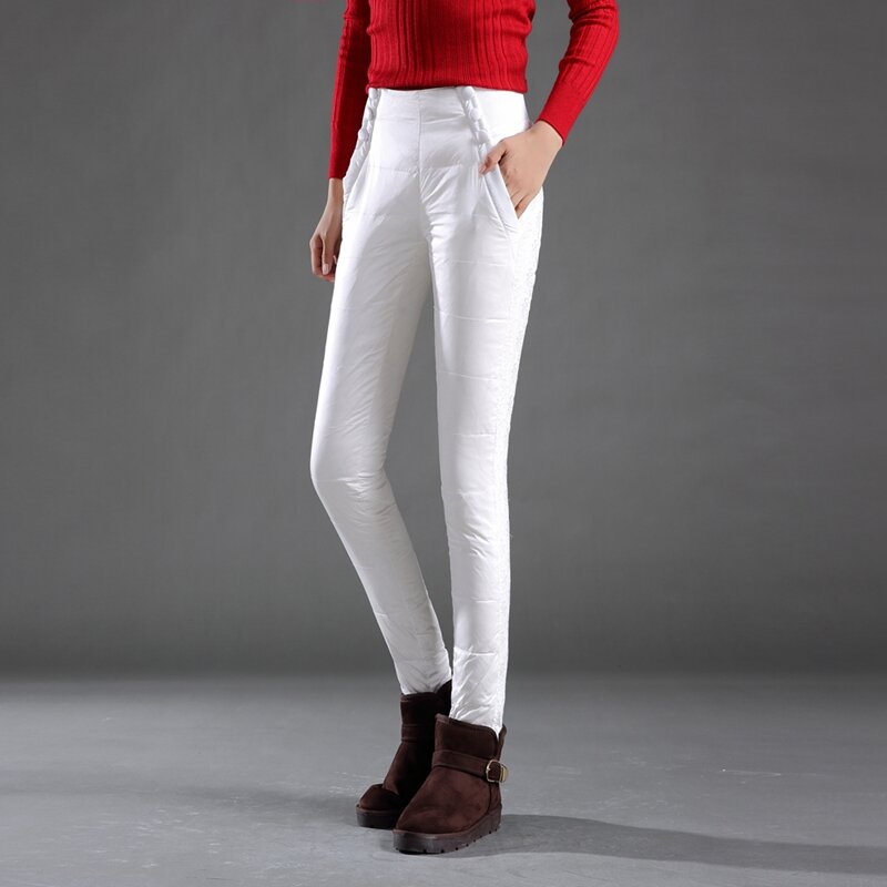 Mulher dupla face para baixo acolchoado lápis calças de cintura alta renda fina quente inverno calças senhora cintura alta 90% branco para baixo calças PT-129