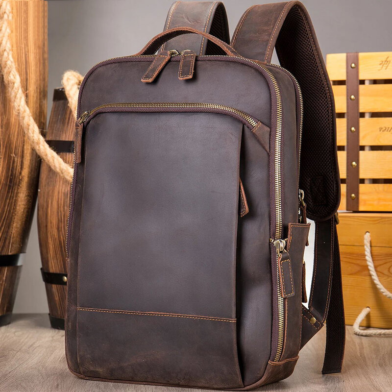 Newsbirds in vera pelle da uomo Backpack15 "Laptop Daypack borsa da scuola in pelle di mucca borsa da viaggio maschile borsa da viaggio in pelle di cavallo pazzo maschio