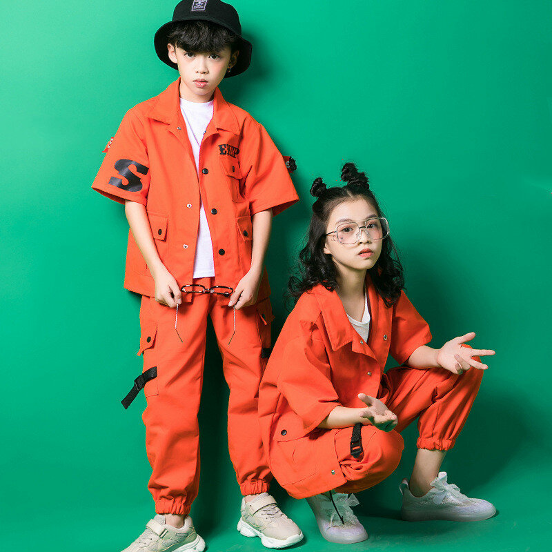 Kids Jazz Hip Hop Dance Kostuums Oranje Jas Top Losse Casual Broek Voor Meisjes Jongens Hiphop Straat Ballroom Dansen Kleding dragen