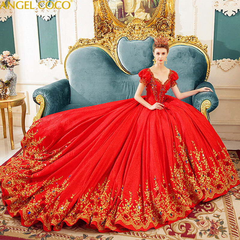 Gaun Kehamilan Pernikahan Merah Menerawang Mewah V-Neck Istana Kerajaan Retro Gaun Hamil Gaun Malam Elegan untuk Gaun Hamil