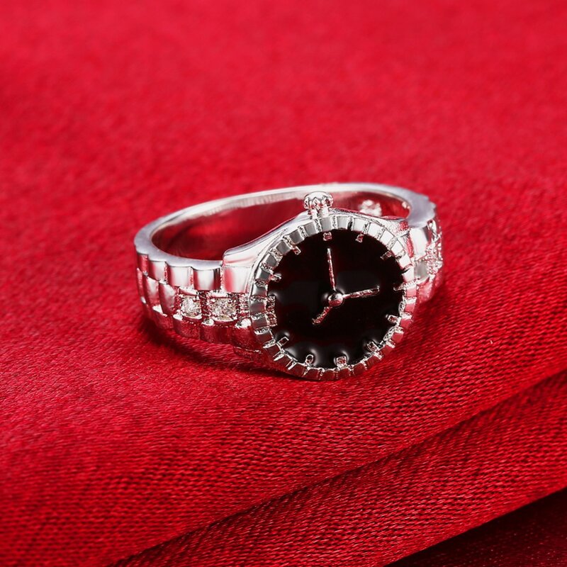 الجملة ، هدية الكريسماس للنساء سيدة ساعة نمط خاتم جميل الزفاف خاتم فضي اللون لطيف مجوهرات عصرية كلاسيكية