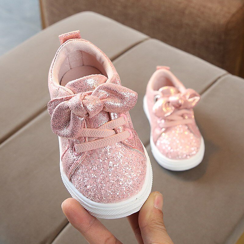 Zapatillas de deporte informales para niñas pequeñas, zapatos antideslizantes con lazo y lentejuelas, color rosa