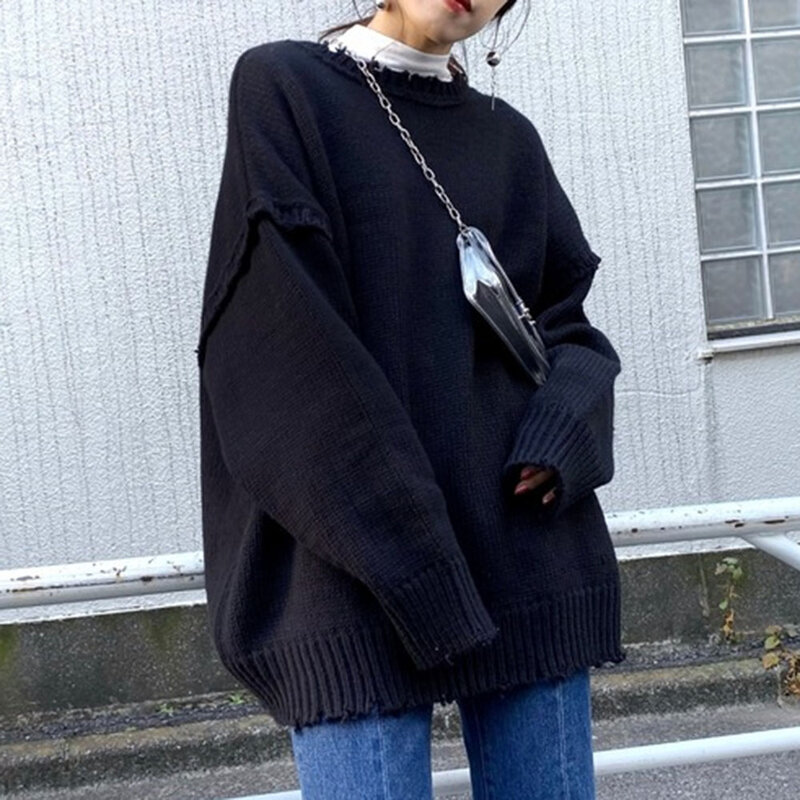 Wiosna jesień dwuczęściowy sweter dziergany z nieobszyte brzegi osobowość proste kobiety luźny sweter fala kobiece stylowe topy japoński