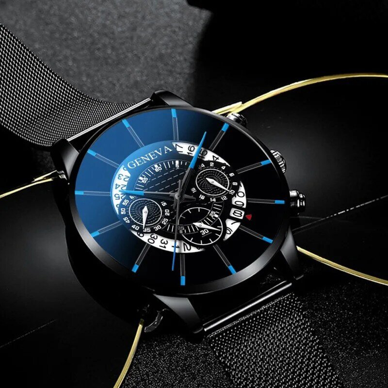 럭셔리 할로우 아웃 남성 패션 비즈니스 달력 시계, 블루 스테인레스 스틸 메쉬 벨트, 아날로그 쿼츠 시계