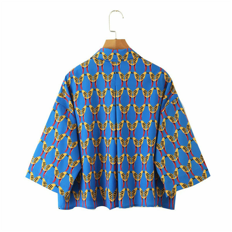 Blusa holgada de manga corta con estampado de pájaros para mujer, camisa corta de un solo pecho, estilo playero, vacaciones, verano, 2020