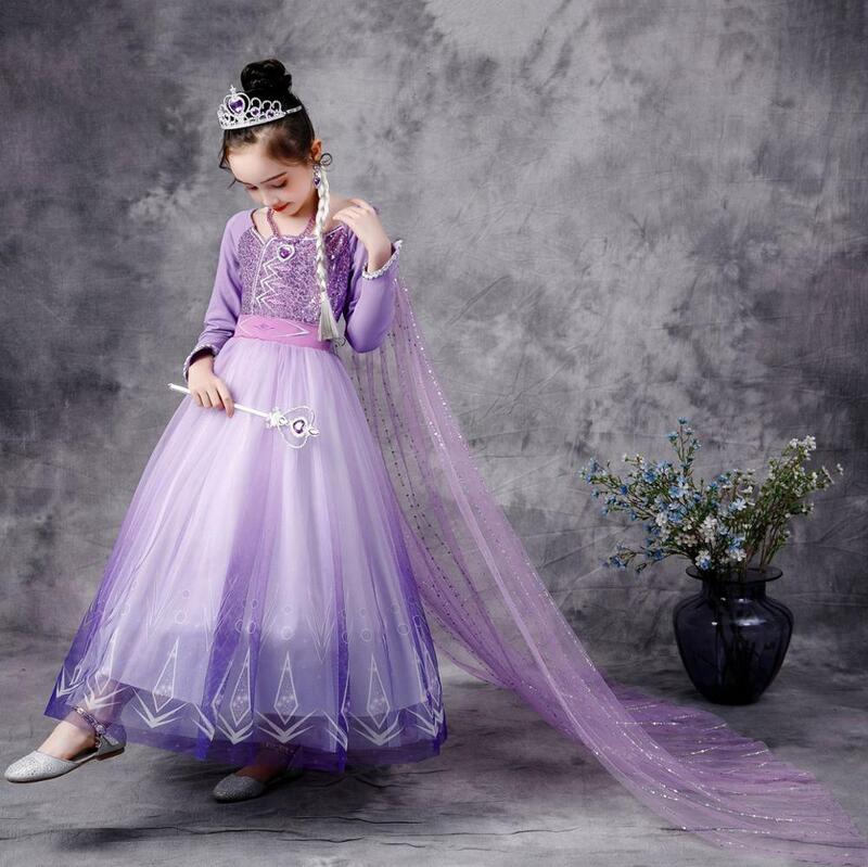 Anak Perempuan Elsa Anna Gaun Putri Panjang Kusut Rambut Kostum Cosplay Mewah Manik-manik Gaun Pesta Ungu Pesta Ulang Tahun Anak