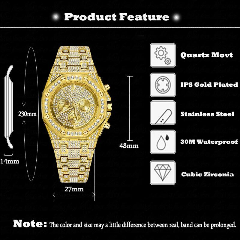 18K Gold นาฬิกาผู้ชายหรูหรายี่ห้อรอบ Bling Diamond Mens นาฬิกากันน้ำสแตนเลส Hip Hop นาฬิกาข้อมือควอตซ์ Relogio