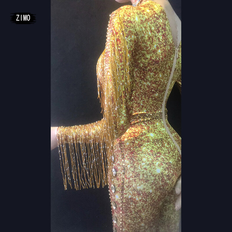 Блестящие золотые длинные SleeveTassel DJ для ночного клуба вечерние облегающее платье с украшением в виде кристаллов Стразы комбинезон полюс этап праздновать сексуальные костюмы для танцоров карнавальный костюм