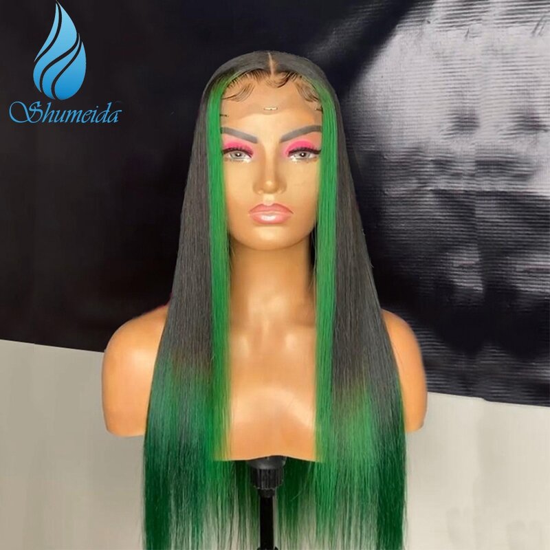 Shumeida – perruque Lace Front wig sans colle brésilienne naturelle Remy, cheveux de bébé, 13*4, balayage vert, pour femmes