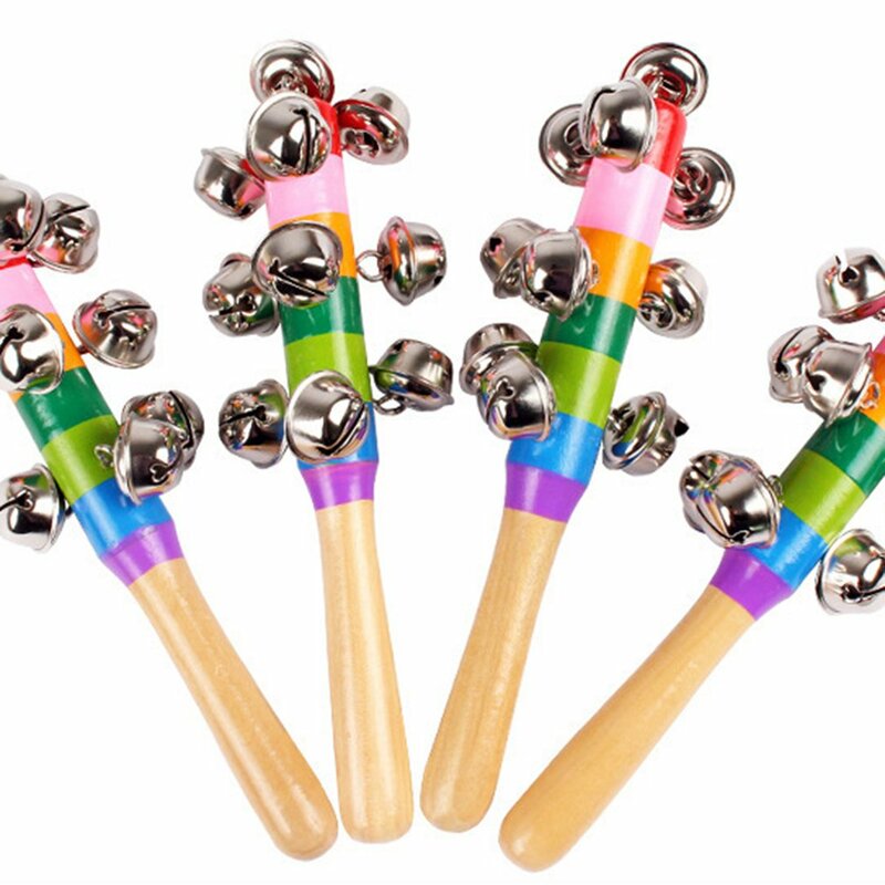 Sonaglio tenuto in mano campana in legno con 10 Jingles in metallo palla arcobaleno colorato percussione giocattolo musicale giocattolo di addestramento per bambini