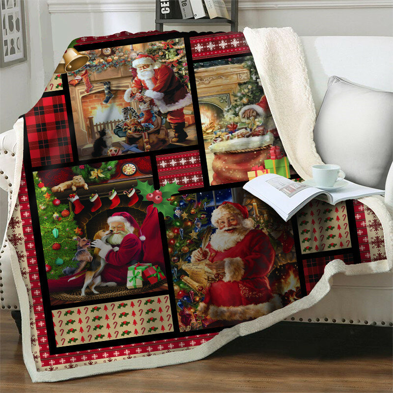 만화 산타 클로스 3D 셰르파 담요 두껍고 따뜻하고 부드러운 플란넬 사무실 낮잠 담요, 크리스마스 소파 홈 침구 가중 담요