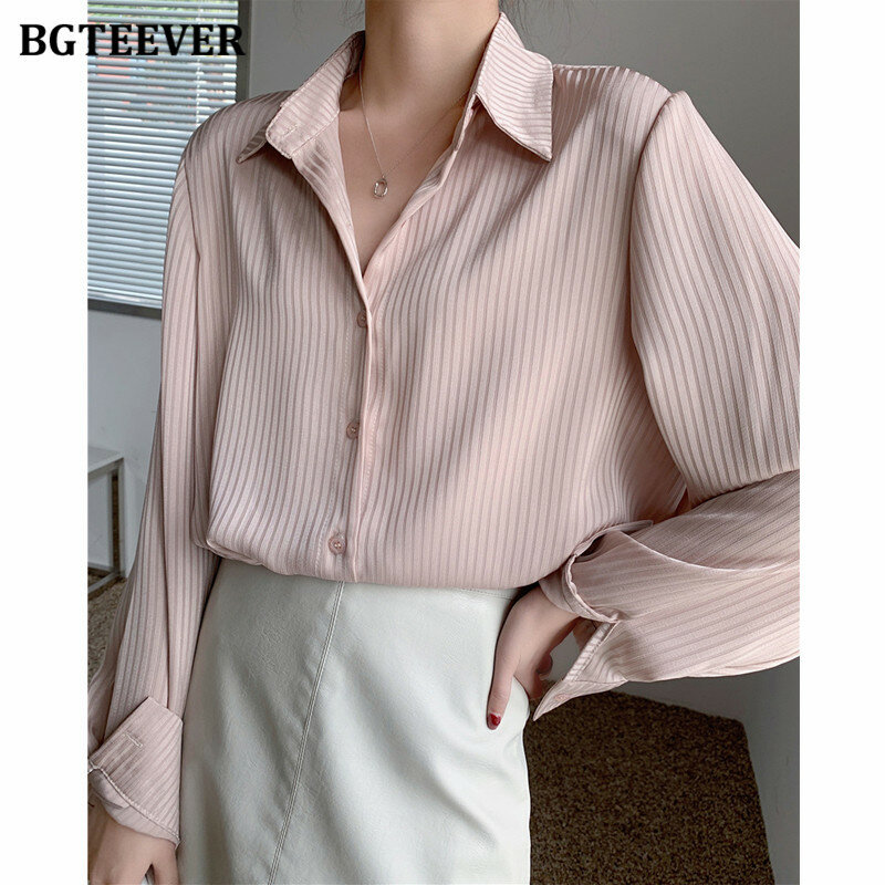 Bgteever escritório senhoras listrado blusas femininas topos manga cheia solta camisas femininas elegante primavera blusas mujer 2021