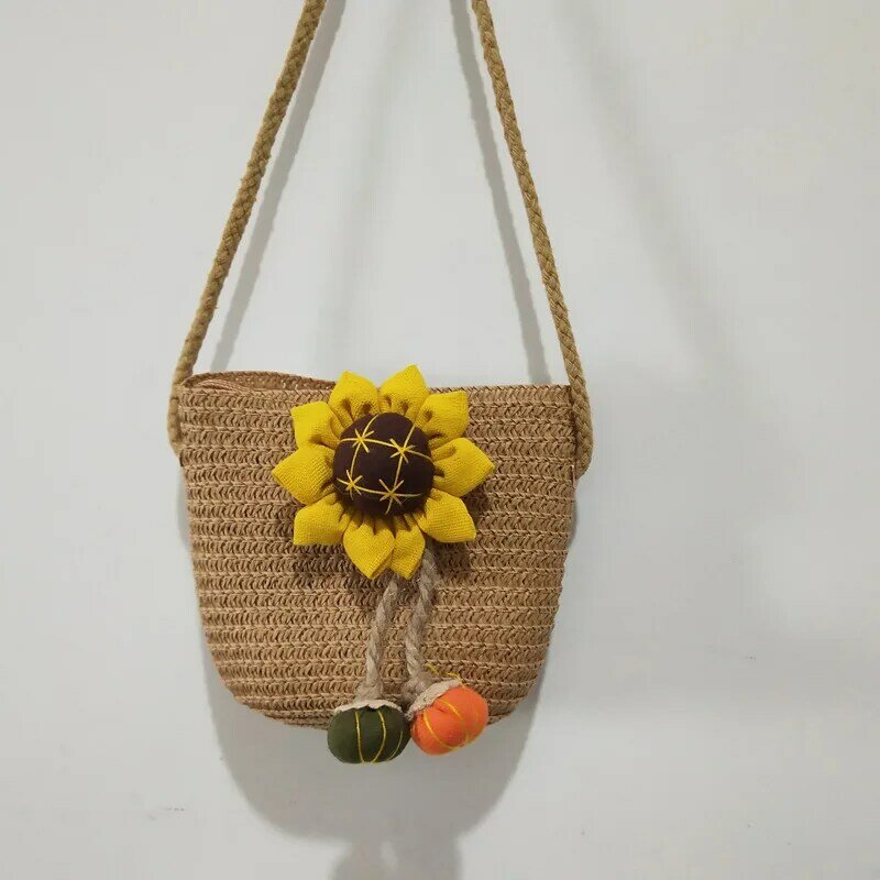 Tas jerami bunga matahari musim panas anak-anak kecil tas anyaman ember indah tas kurir selempang dompet koin Mini bayi perempuan