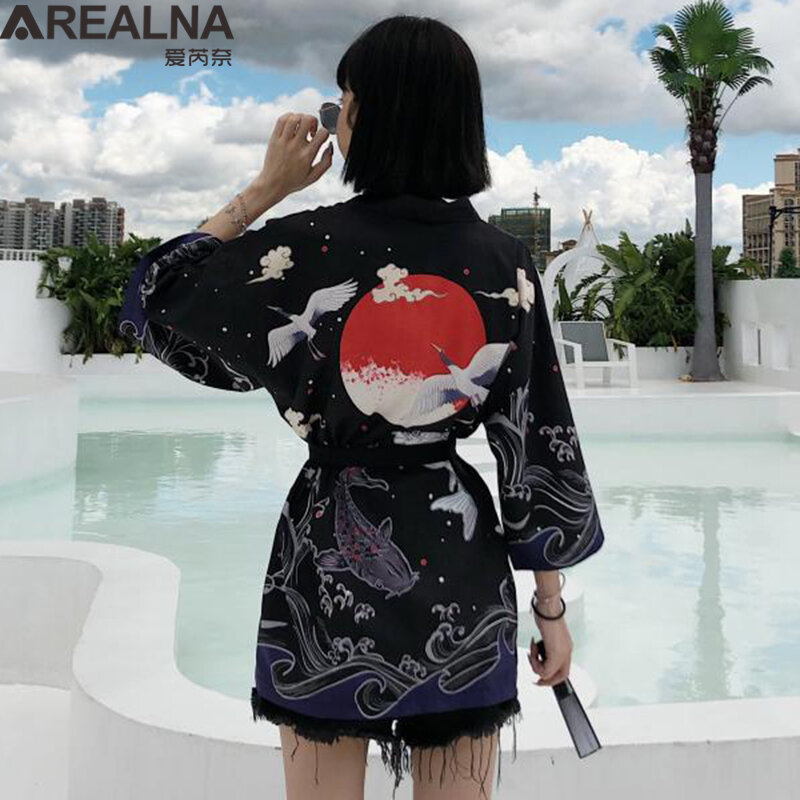 Japońskie Kimono tradycyjne ubrania żuraw karp Anime Kimono ubranie koszule kobiety samuraj Haori Hombre Yukata Man Cardigan Shirt
