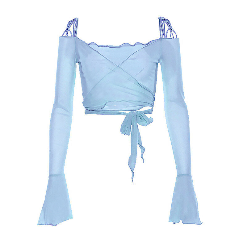 Musuos-Top corto de malla transparente para mujer, camisa de manga larga con cuello en V y cordones, hombros descubiertos, ropa de calle