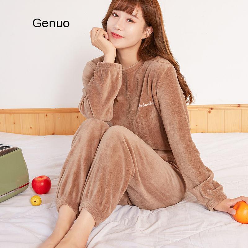 Женский пижамный комплект, зимняя теплая Фланелевая пижама, домашняя одежда, плотная Женская одежда для сна, плюшевый Пижамный костюм, свитшот, толстовки, однотонные