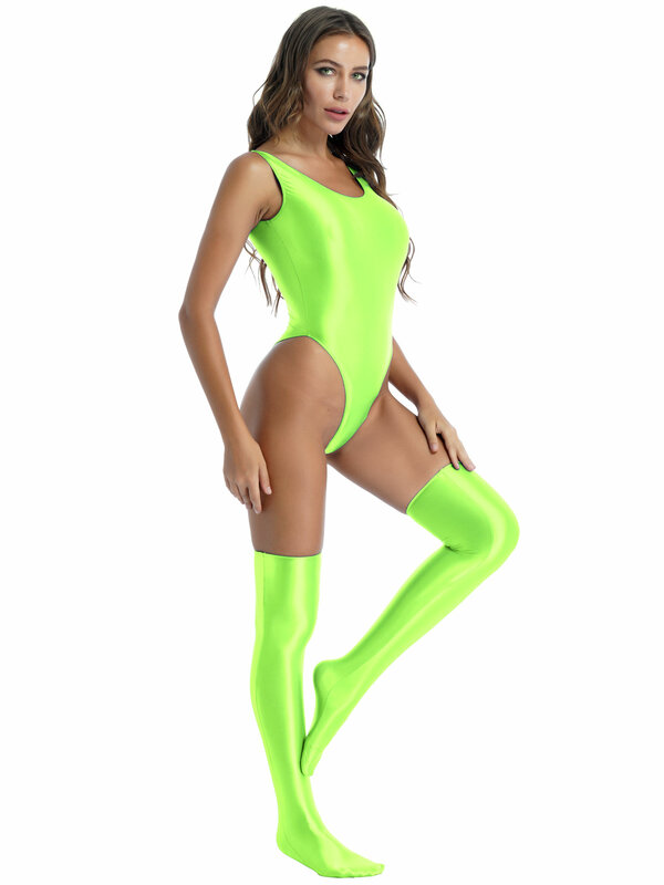 Frauen Glänzenden Glänzend Stretchy Sleeveless High Cut Trikot Body mit Strumpf Sommer Badeanzug Badeanzug Mode Bademode