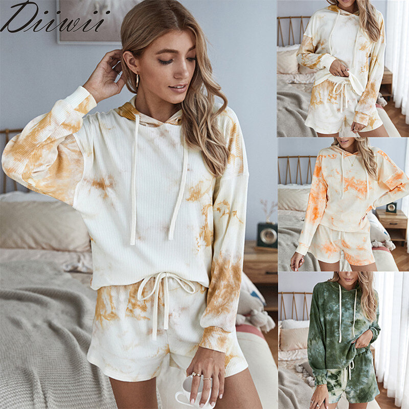Diiwii hot sexy Short Pants   Set Ladies Hooded Pullover and 2Pcs Sleepwear Shorts Set Womens Casual Loose long Sleeve Tops