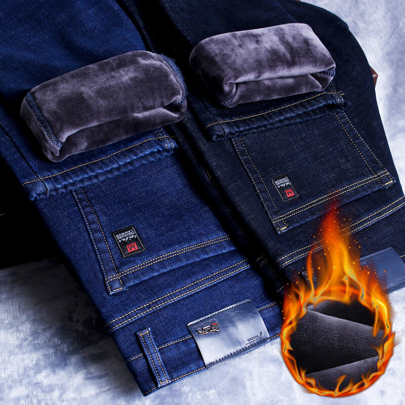 Pantalones vaqueros ajustados y cálidos para hombre, Jeans gruesos de marca, elásticos de lana, color negro y azul, moda de negocios, invierno, 2023