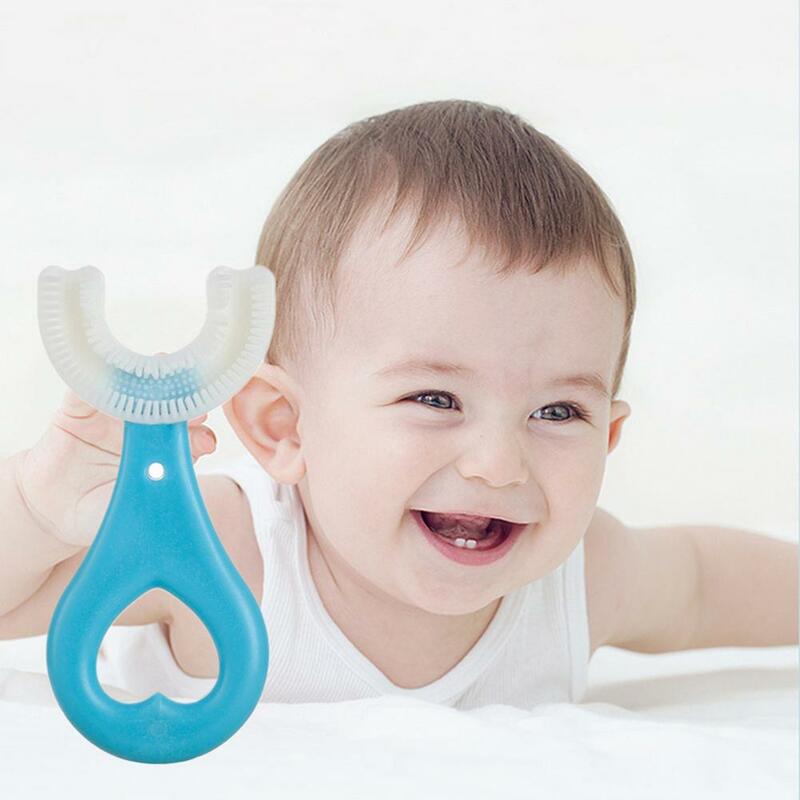 Silicone crianças bebê escova de dentes 360 graus pele macia material grau alimentício u forma escova de dentes do bebê limpo
