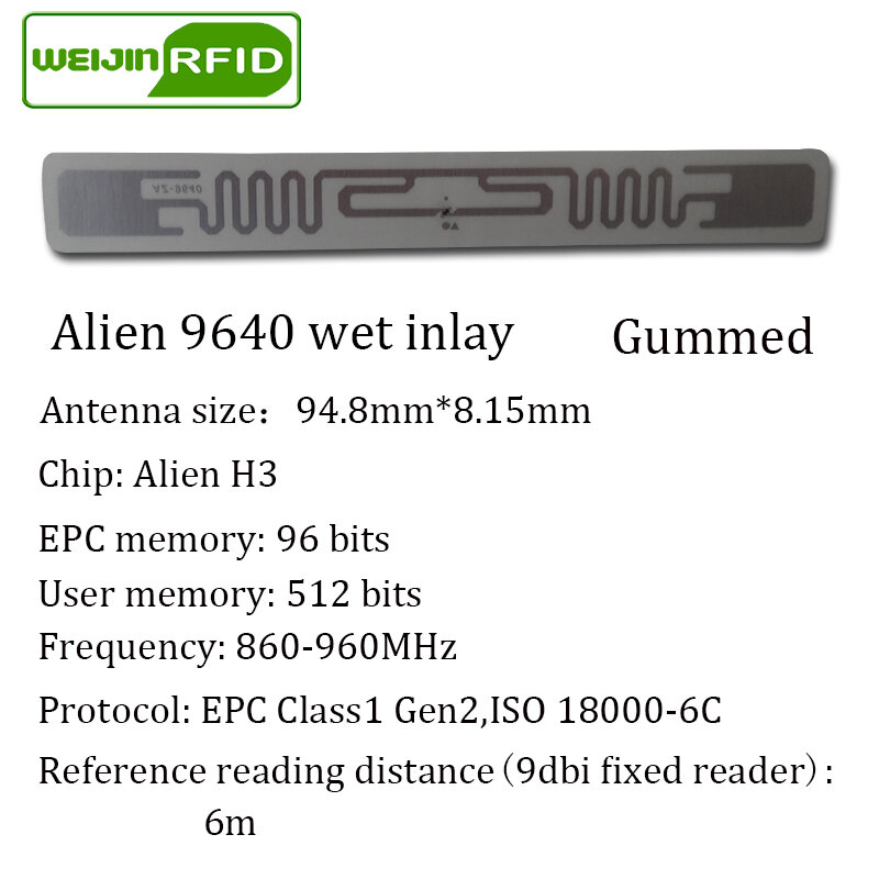 Наклейка rfid uhf, Пассивные метки impinj alien, влажная вставка, 900 m, 915, 868-860 МГц, VIKITEK EPC C1G2 6c, самоклеящаяся этикетка, радиочастотный чип