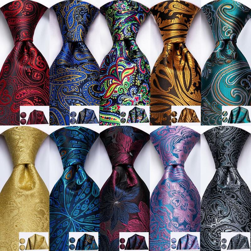 Hi-Tie Red Fashion Paisley 100% Silk Men's Tie Set 8.5cm Wedding Ties For Men New Design Hanky Cufflinks Set Quality Necktie