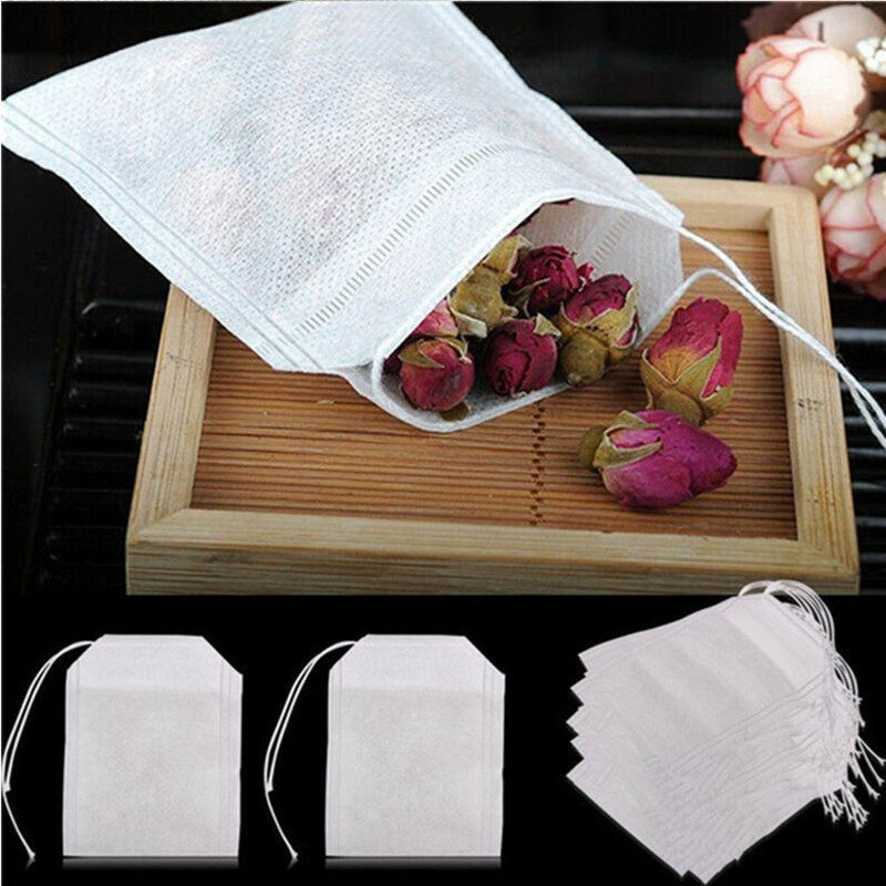 Bolsas de té de tela no tejida de grado alimenticio, filtro para Infusor de té de especias con sello de cuerda, filtros de especias, 100 Uds.