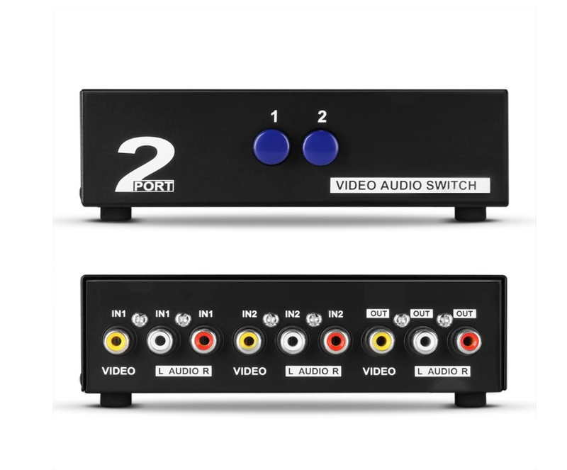 2 입력 1 출력 AV 스위치 박스 스위처, 양방향 포트, 스테레오 RCA 오디오 및 컴포지트 비디오 선택기 스위치 박스