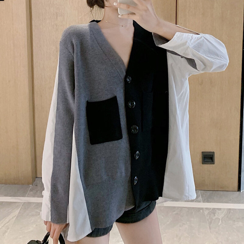 Women's sweaters spring autumn loose V-neck stitching sweater cardigan jersey mujer pull femme nouveaute 2020 punk jumper female