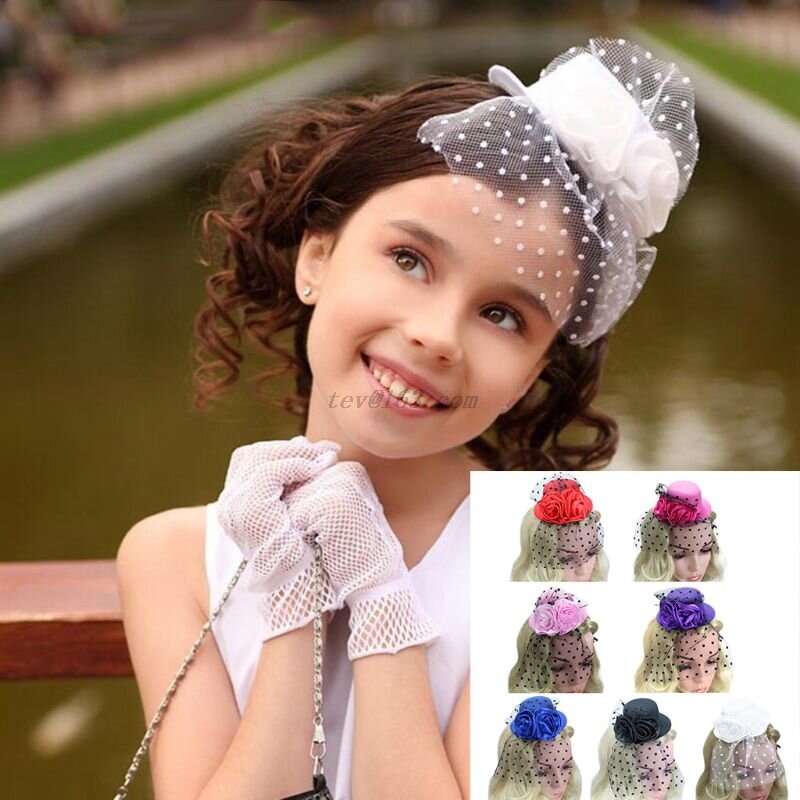 Women Baby Girls Fascinator Flower Top Hat Mesh Wave Point Veil Hair Clips Bridal Party Barrettes Cocktail Elegant Hair Clips