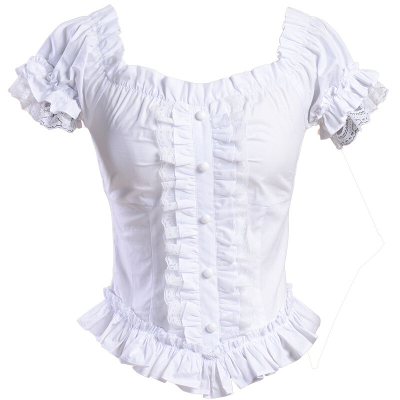 Summer Women Vintage Gothic Short Shirts White Victorian Tops Pleated Lace Bandage Cotton Shirt Ladies Lolita Blouse Costume