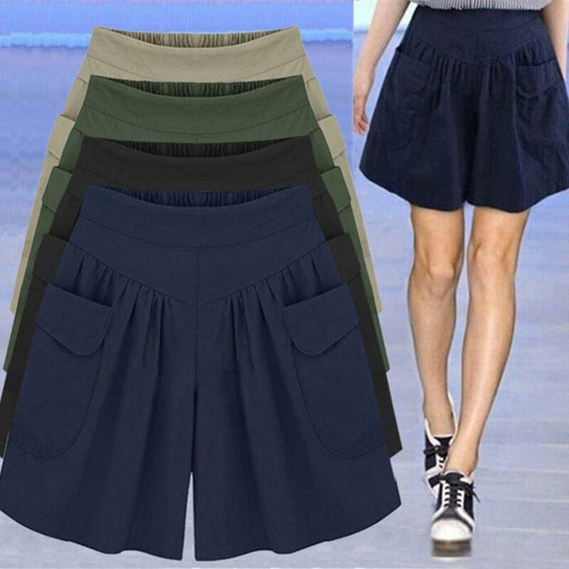 40% Panas Musim Panas Wanita Warna Solid Pinggang Elastis Celana Pendek Longgar Kasual dengan Saku