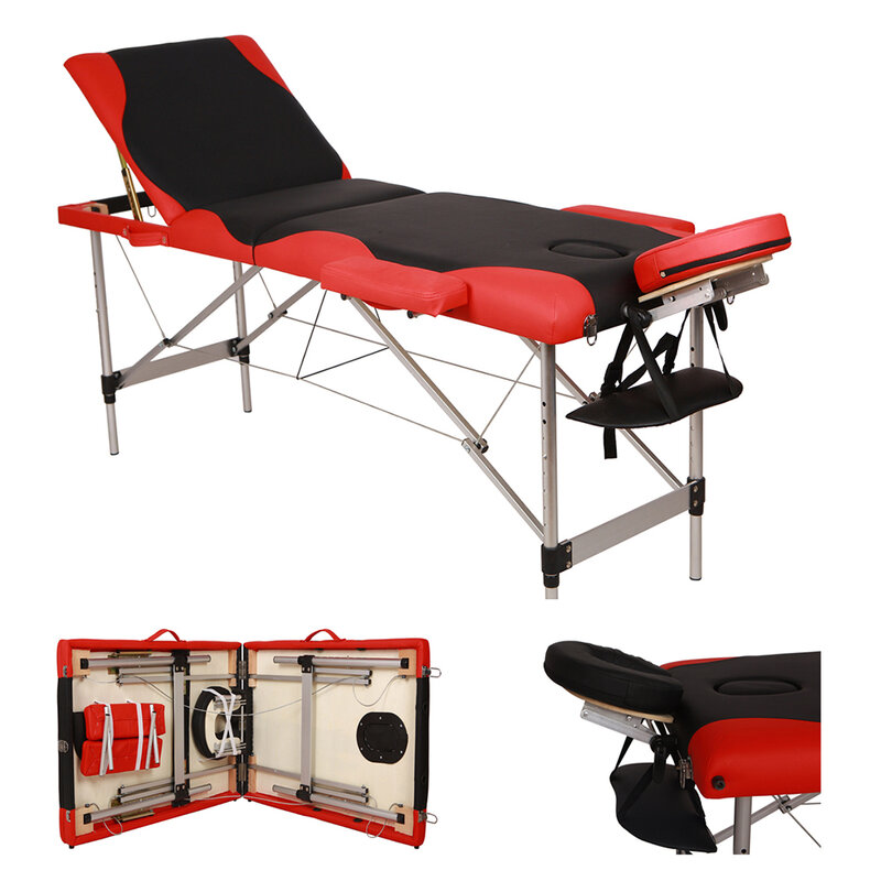 Mesa de masaje de 3 secciones, 84 ", 185x60x81cm, cama de belleza plegable, tubo de aluminio, SPA, culturismo, negro con borde rojo