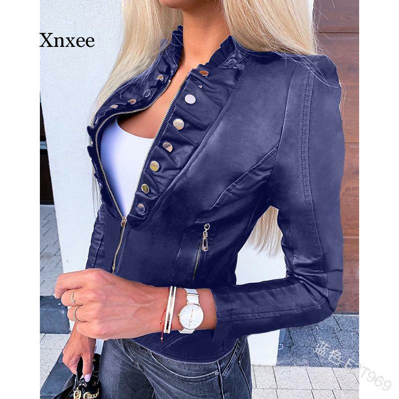 Casual Motorcycle Faux Leather Jacket Women's Button Pockets Zippers Slim Pu Short Jacket
